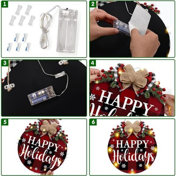 Happy Holiday Door Wreath Sign Christmas Decoration Buffalo Plaid 12 inches - Picture 6 of 7